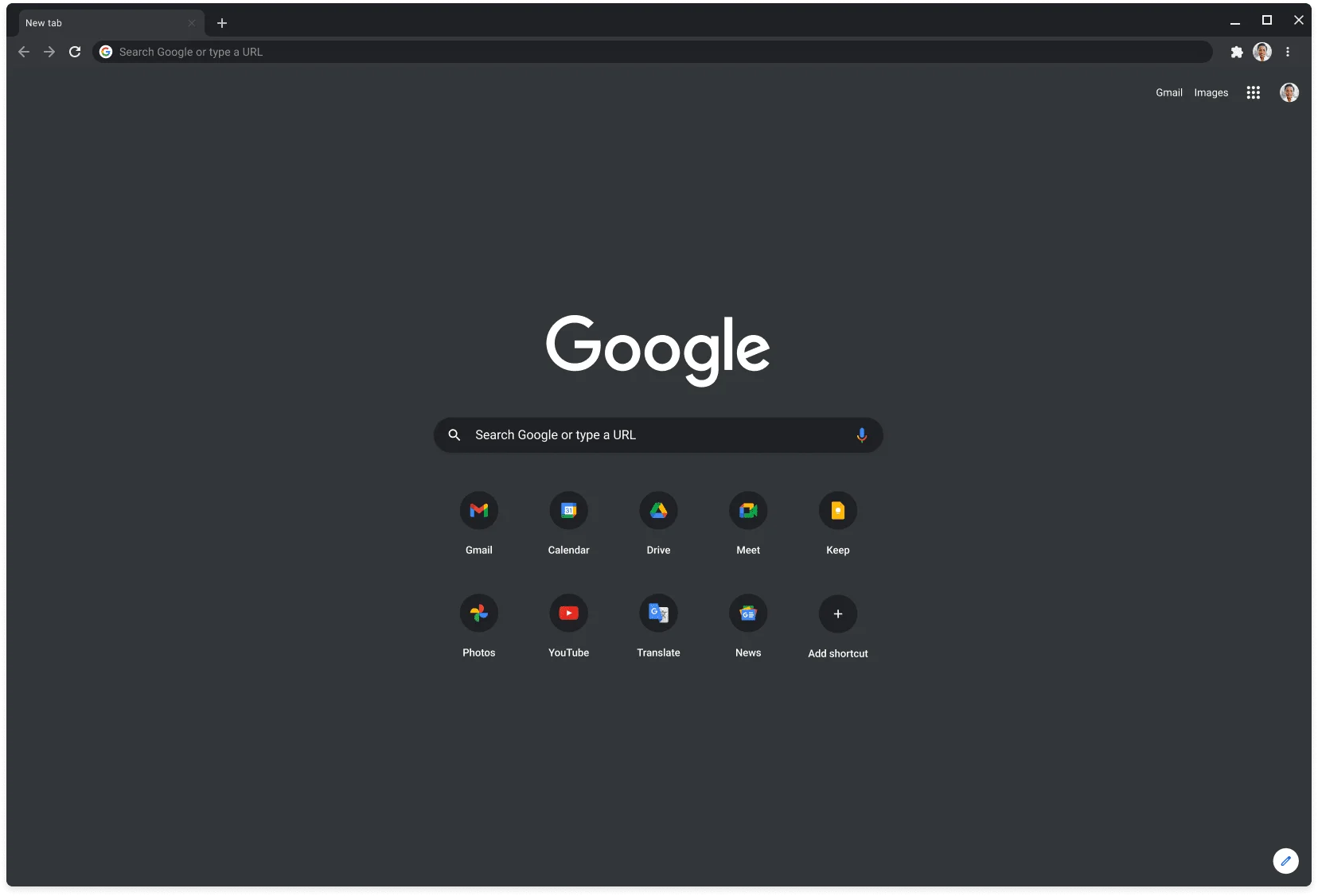 Chrome browser window in dark mode, displaying Google.com.
