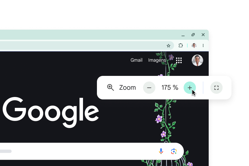 A página inicial do Chrome com elementos aumentados e um pop-up com o zoom em 175%