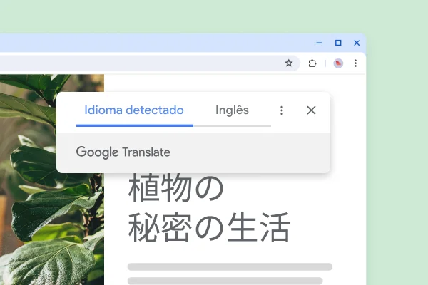 Um site com plantas e o texto traduzido 'A vida secreta das plantas'
